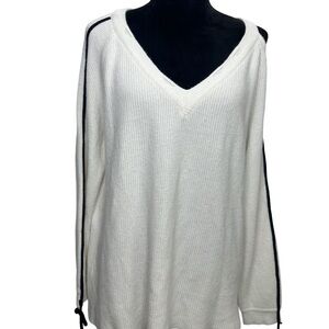 Collection by Cezele Cream  V-Neck Sweater with Black Stripes and bows Size M